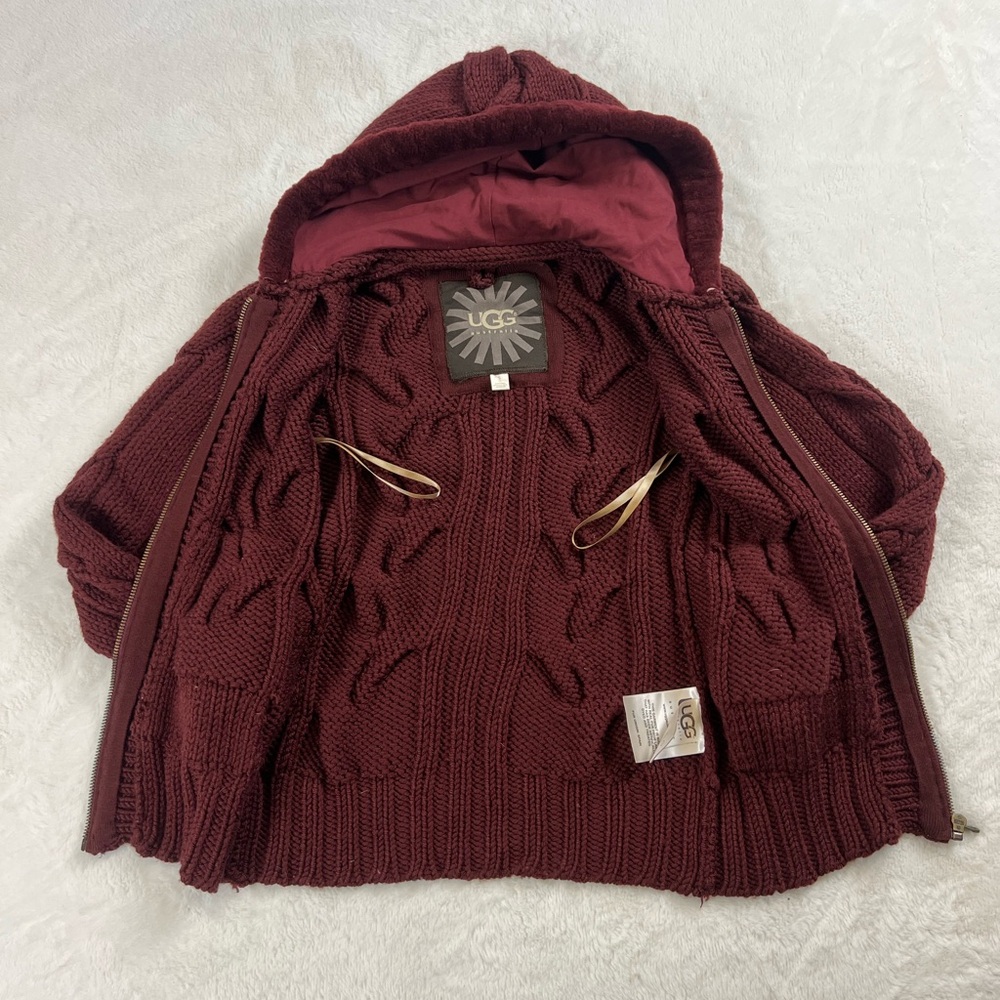 UGG Australia Lamb Trim & Merino Wool Cable Knit Hooded Cardigan - Picture 4 of 11